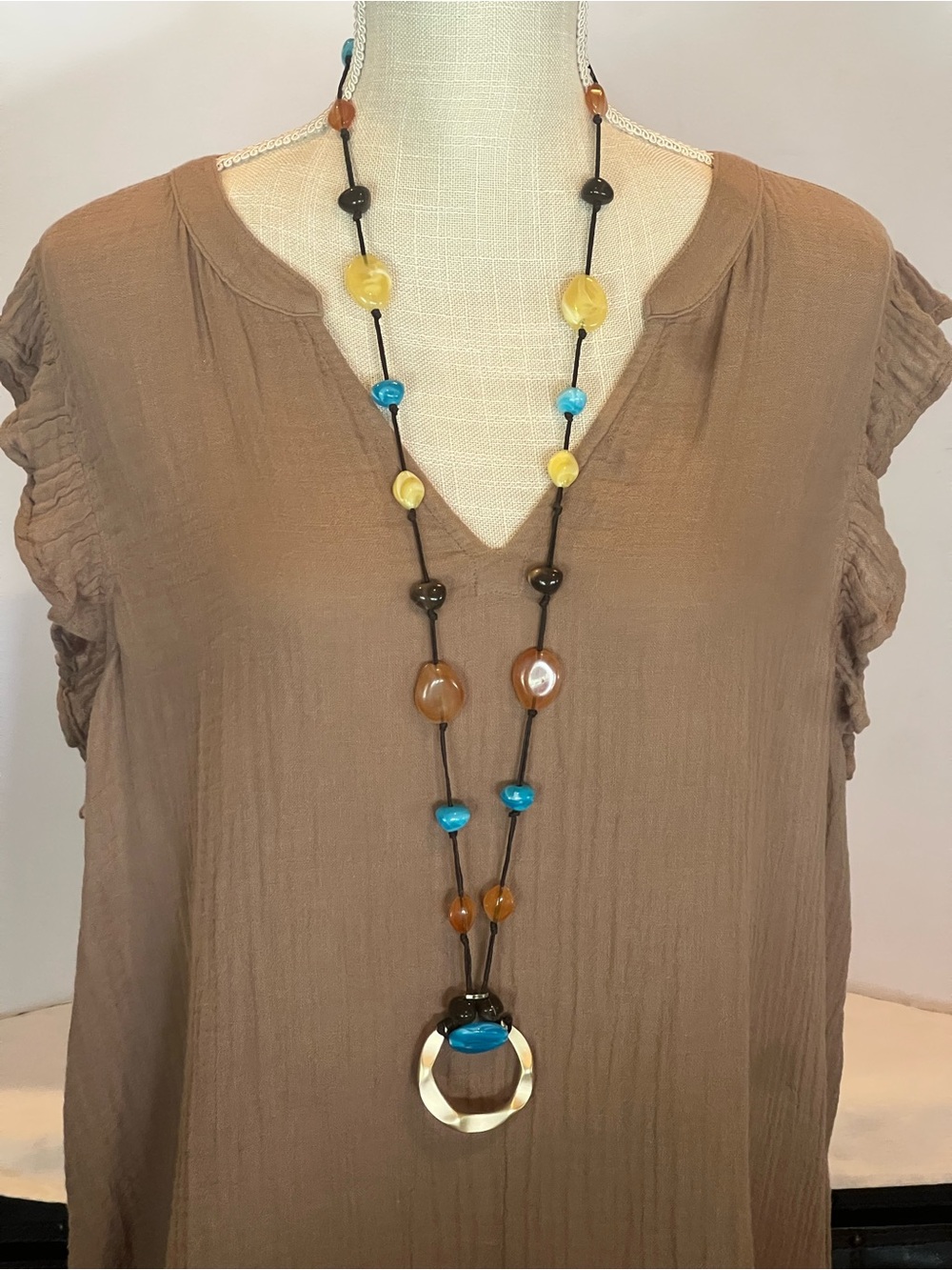 Handcrafted Multicolor Bead Long Necklace with Hoop Pendant
